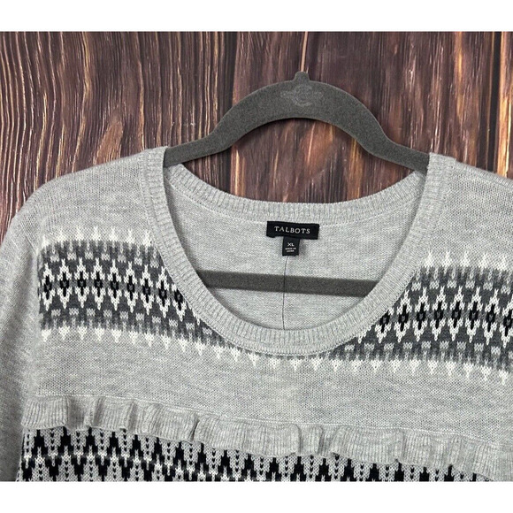 NWT Talbots Gray Nordic Fair Isle Ruffle Lambswool Crewneck Sweater Womens XL - Picture 4 of 6
